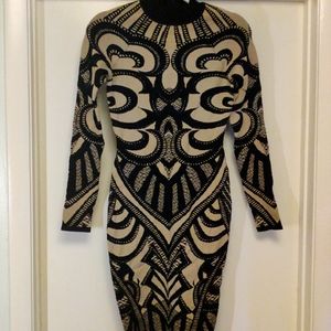 Wow Couture - World of Women - Bodycon Sweater Dress, Black & Beige, Size Small